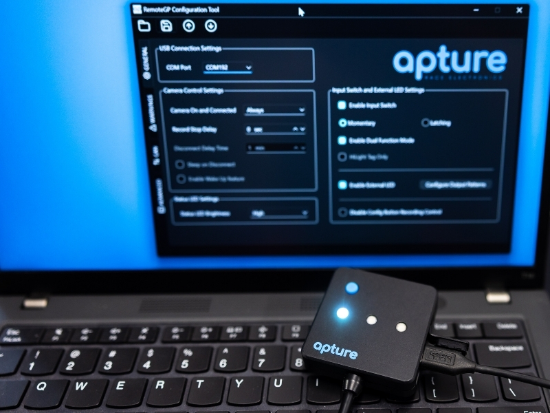 Apture RemoteGP connected to laptop running Apture RemoteGP Configuration Tool software