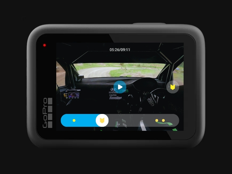 GoPro camera with motorsport image showing HiLight tags placed by Apture RemoteGP camera controller
